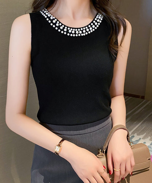 パール付きトップスノースリーブニット夏服 袖なしサマーニットレディース インナートップスきれいめ プルオーバーニットシンプルおしゃれ オフィスカジュアル トップス 2XIAOLL-001